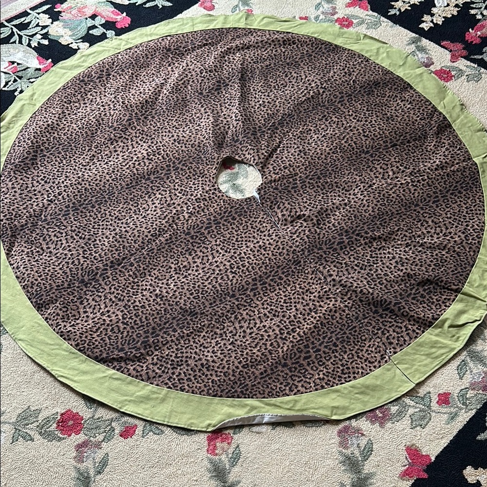 Leopard Print Tree Skirt with Green Trim